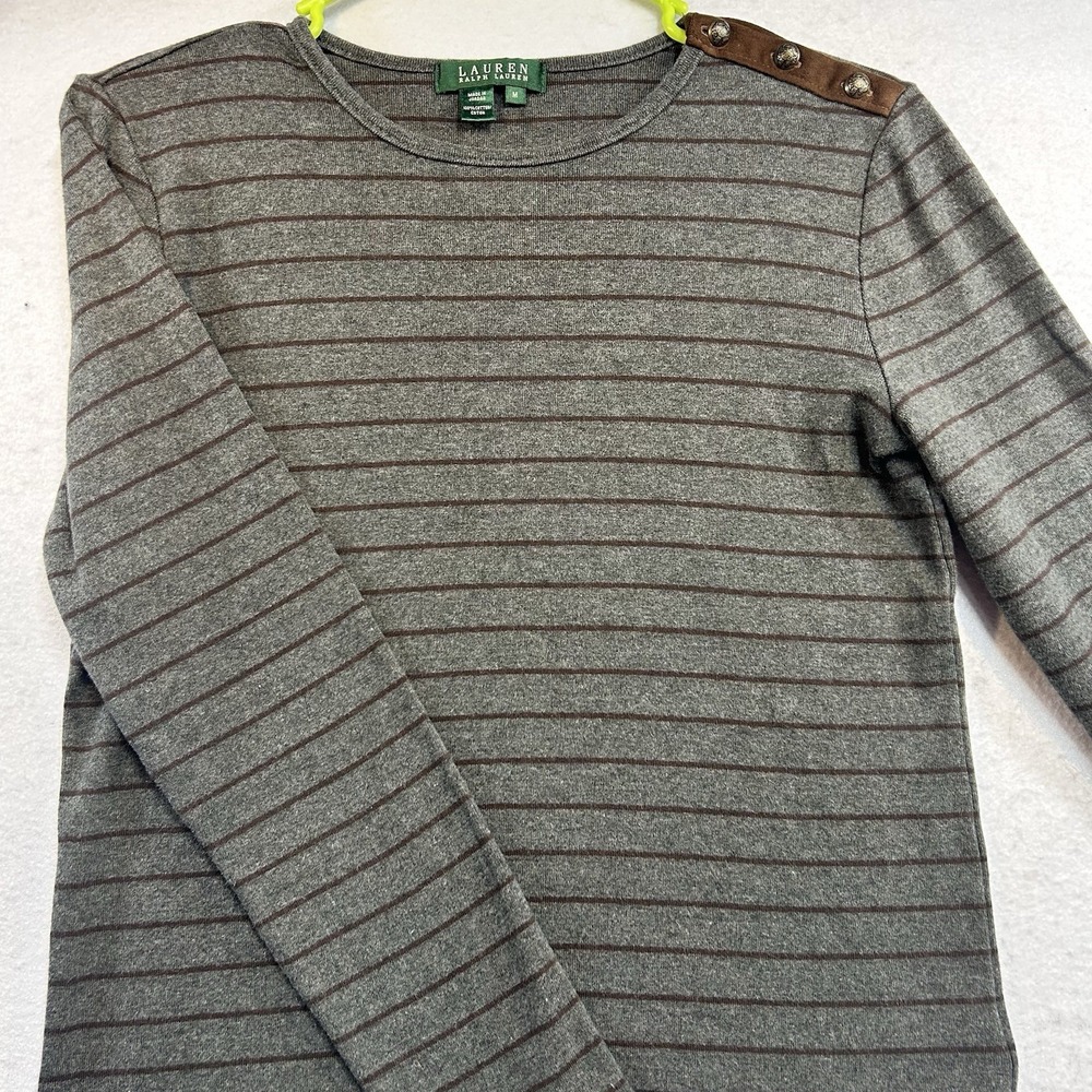 Lauren Ralph Lauren Womens Long Sleeve M Shirt Blouse Gray Stripes Preppy Casual